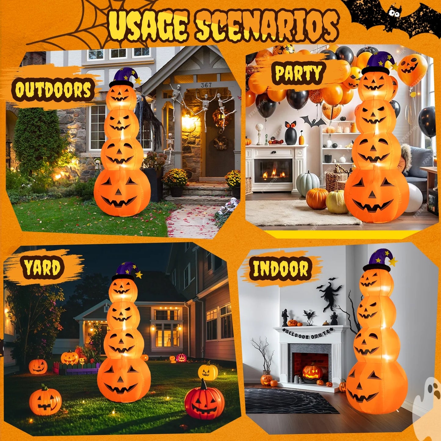 Inflable Halloween 2.4 m – Torre de Calabazas con Sombrero de Bruja y Luces LED