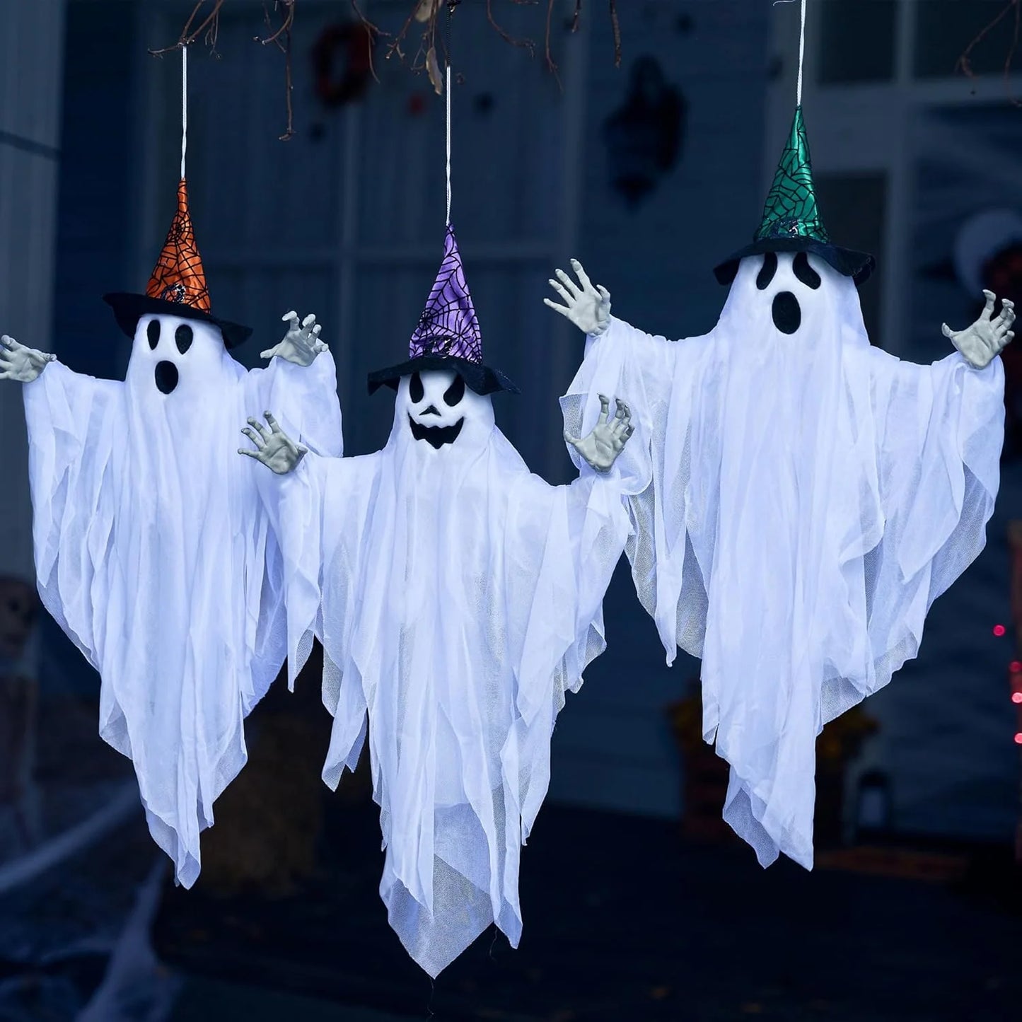 Set de 3 Fantasmas Colgantes de Halloween – Decoración Flotante para Exteriores 63 cm