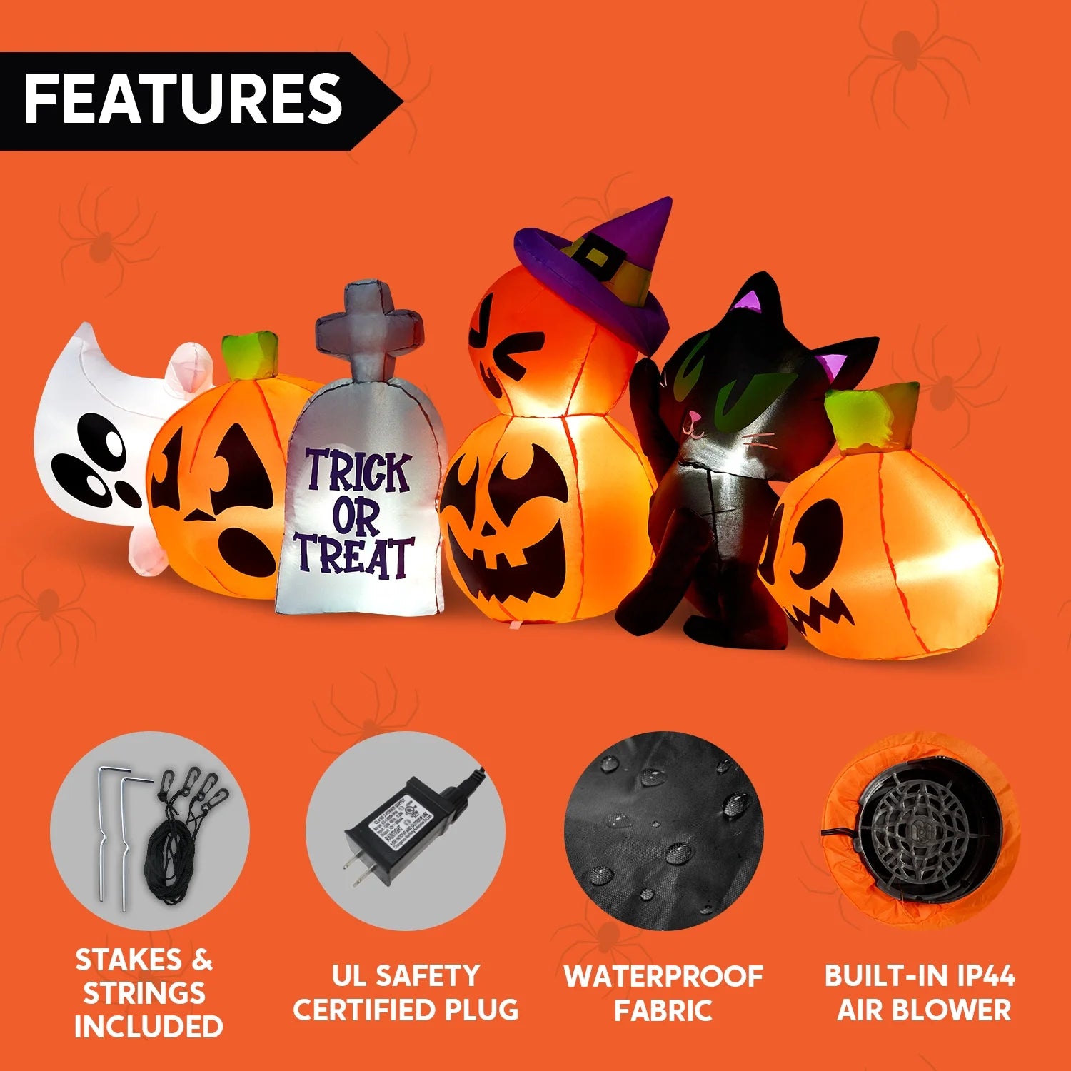 Inflable Halloween de 8 ft – Fantasma, Calabaza y Gato Luminoso con Tumba Decorativa para Exterior