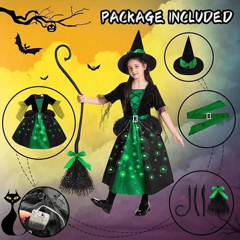 Disfraz de Brujita con Luces LED, Sombrero y Escoba – Halloween para Niñas