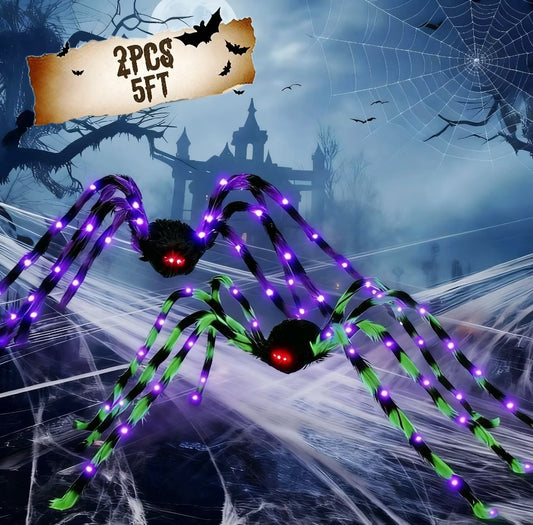 Set de 2 Arañas Gigantes con Luces LED – Decoración de Halloween 5FT para Interior y Exterior