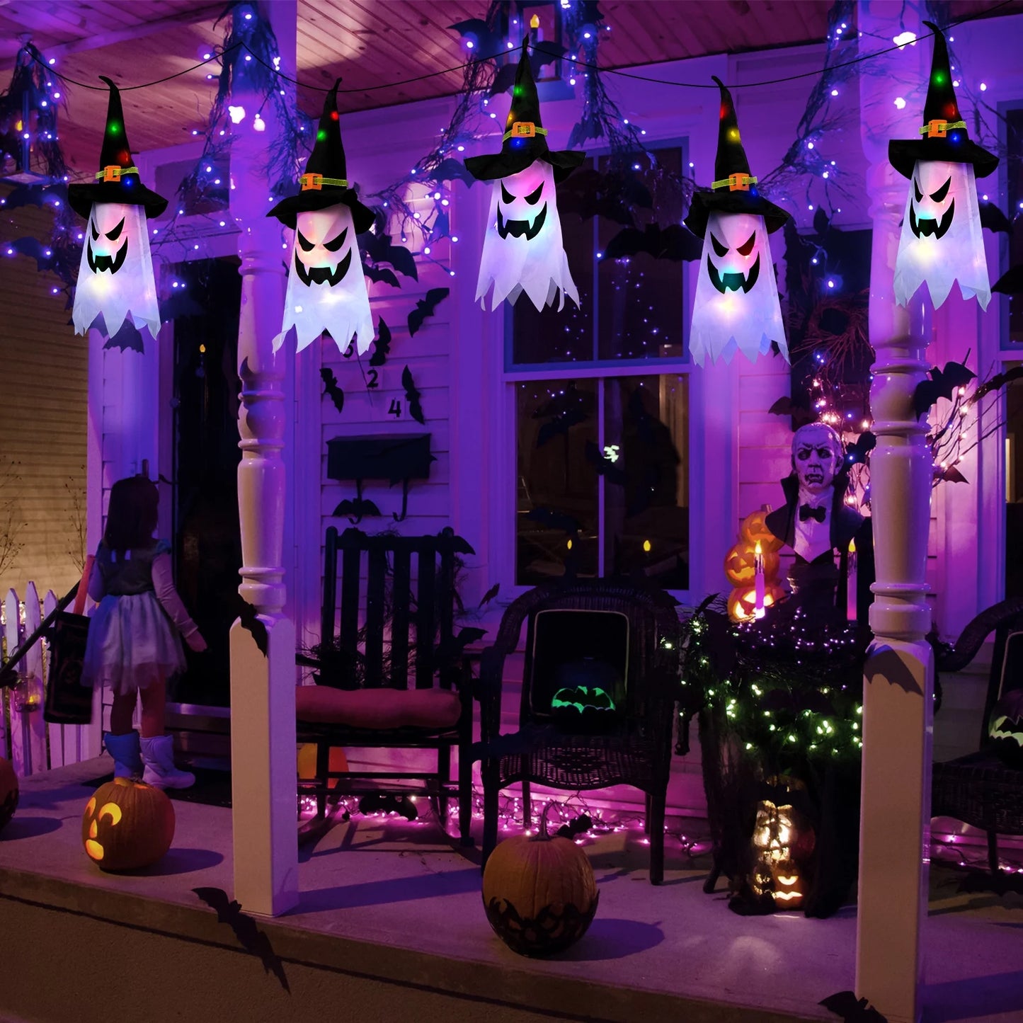 Set de 5 Fantasmas Luminosos de Halloween – Decoración Interior/Exterior con Sombreros de Bruja LED