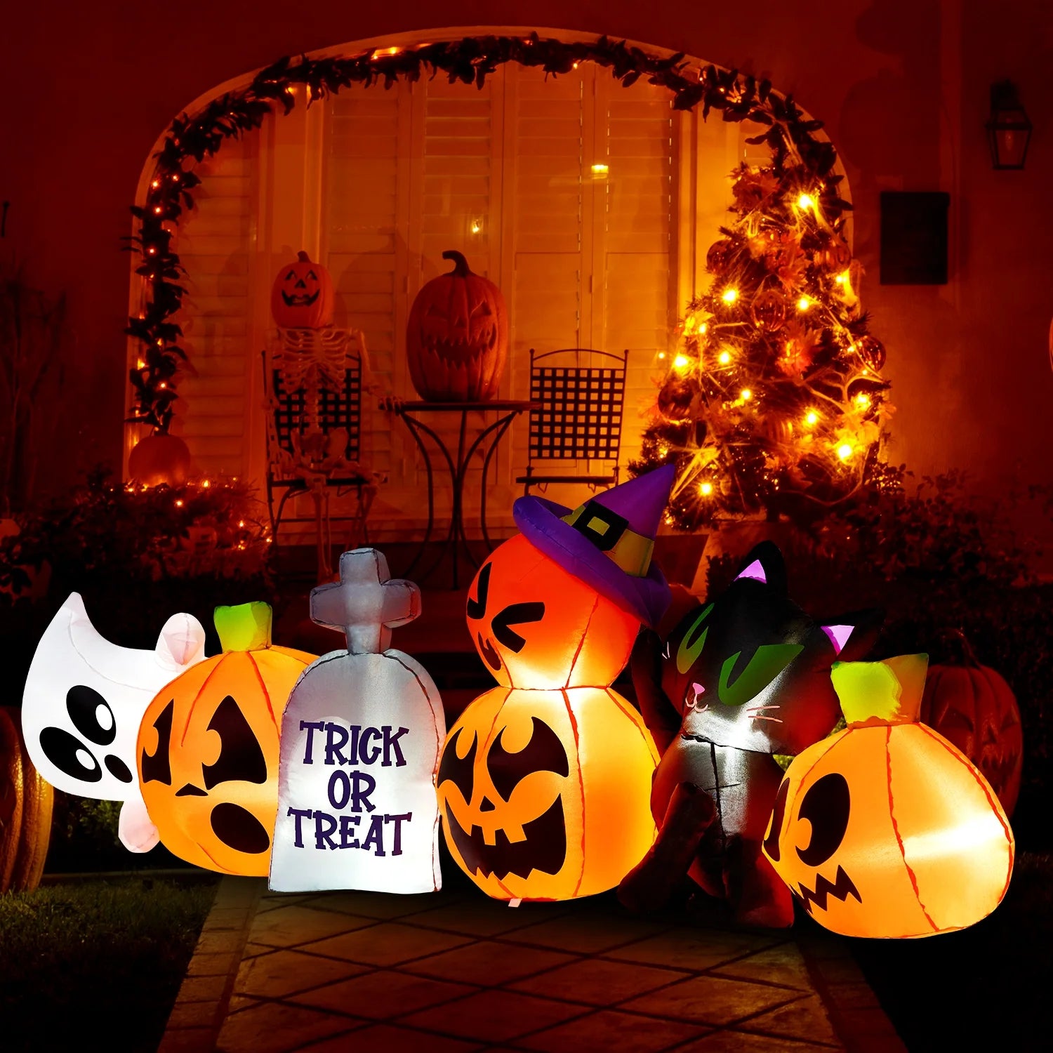 Inflable Halloween de 8 ft – Fantasma, Calabaza y Gato Luminoso con Tumba Decorativa para Exterior