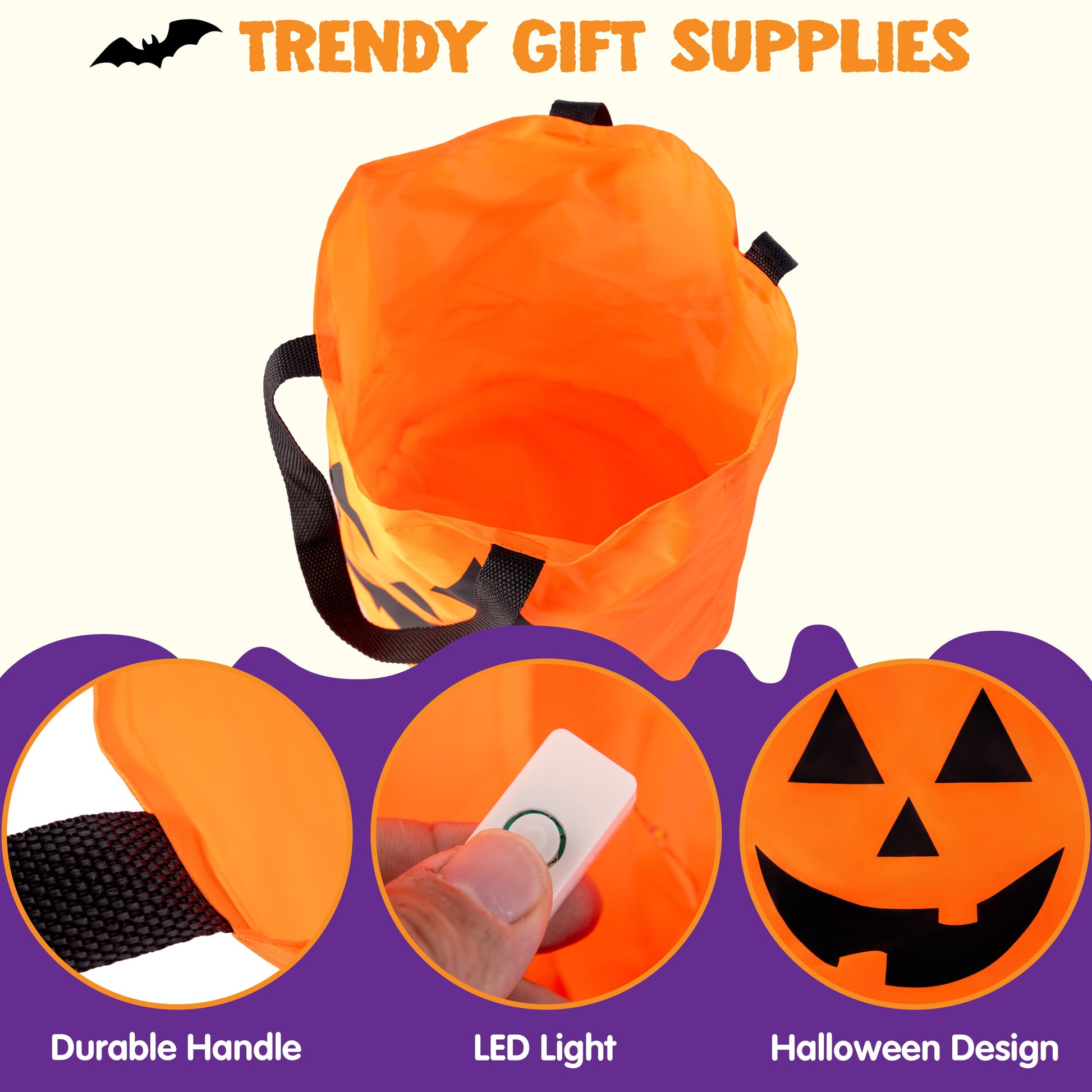Set de 3 Cubos de Dulces de Halloween con Luz LED – Calabazas Naranjas