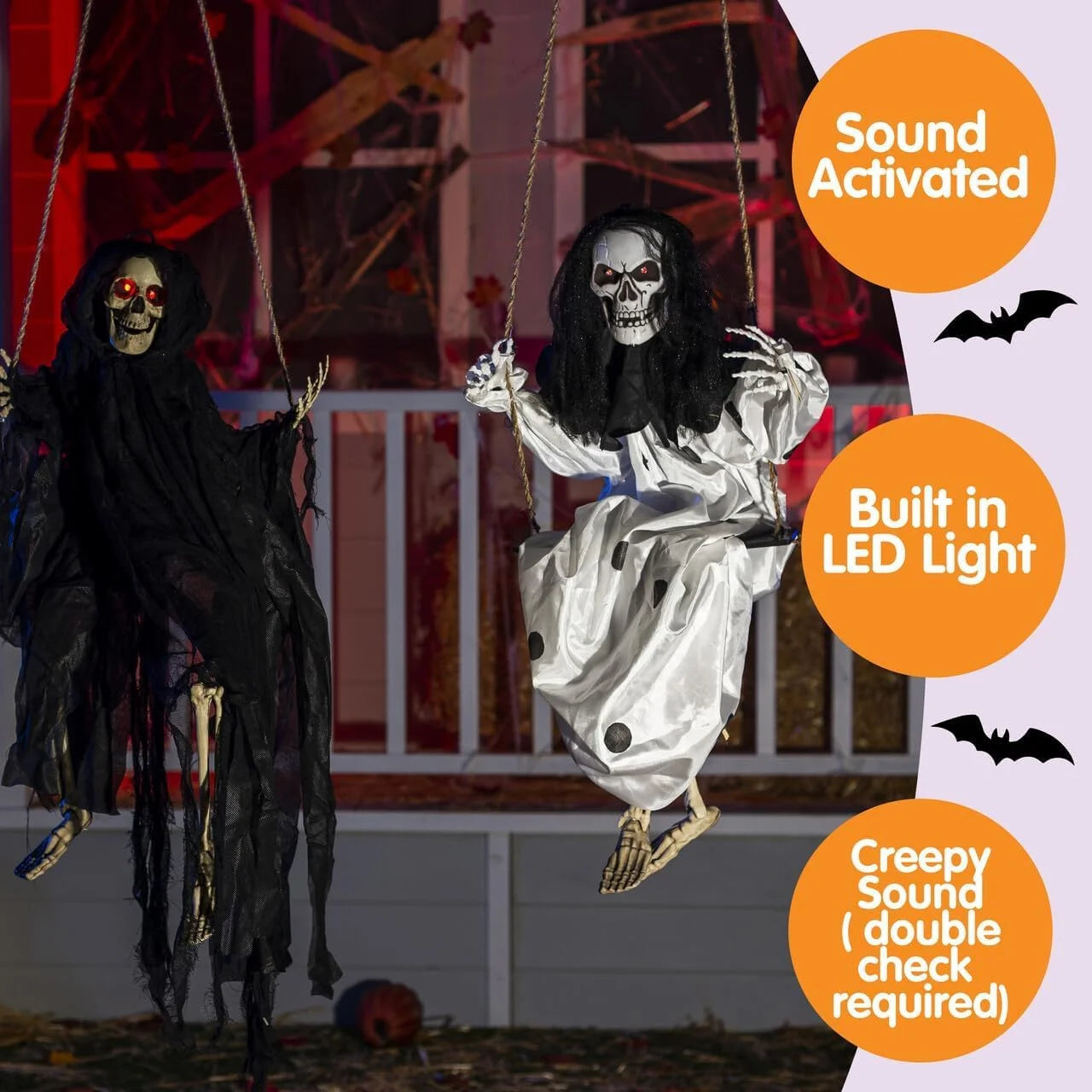 Set de 2 Fantasmas Colgantes con Luz LED – Decoración de Halloween para Exteriores (3 pies / 90 cm)
