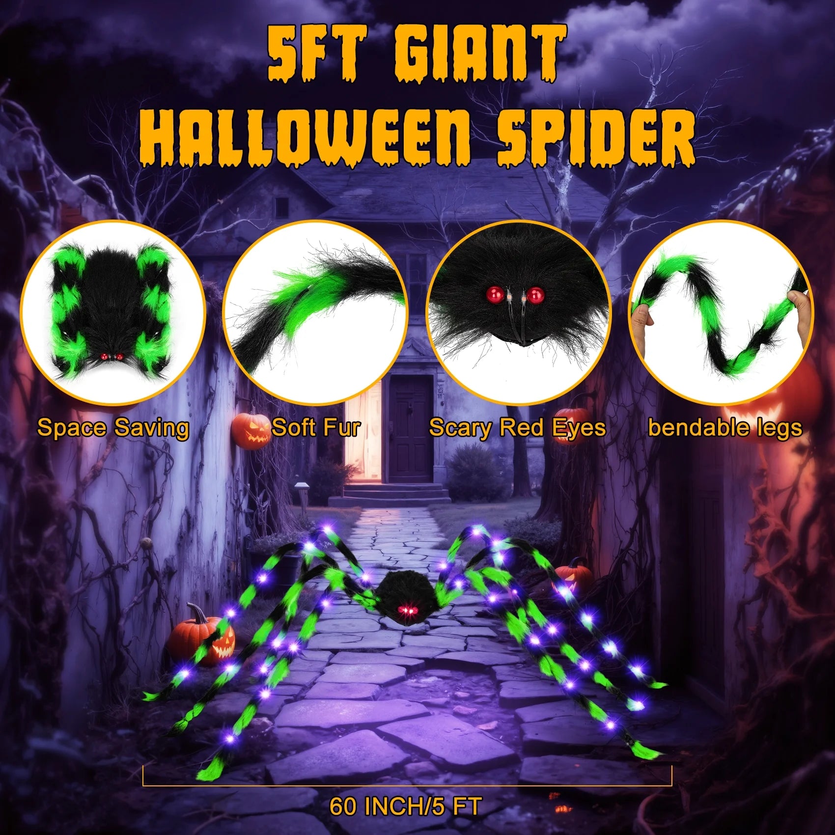 Set de 2 Arañas Gigantes con Luces LED – Decoración de Halloween 5FT para Interior y Exterior