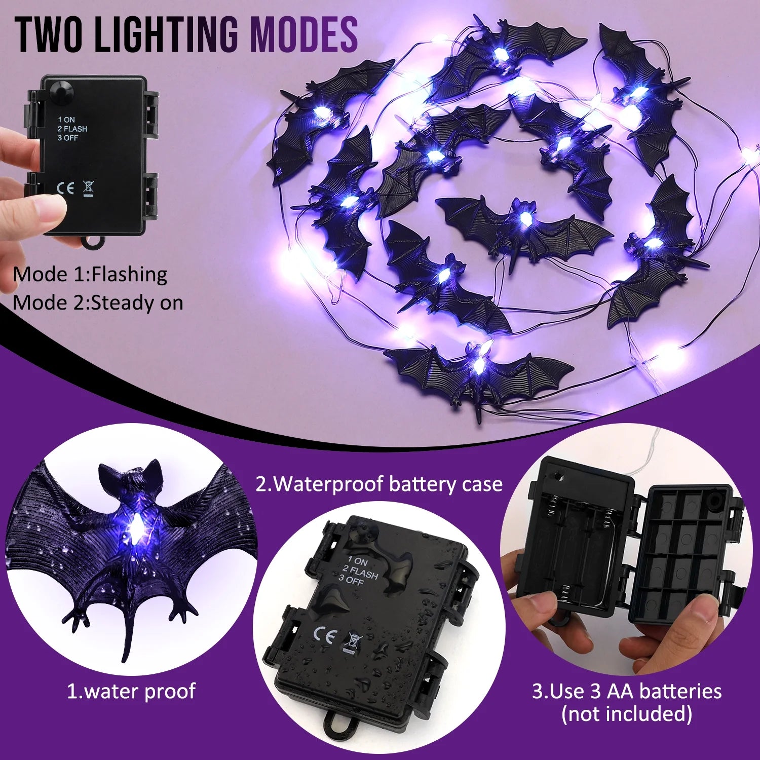 Luces LED de Murciélagos 9.8FT – Decoración de Halloween Interior y Exterior