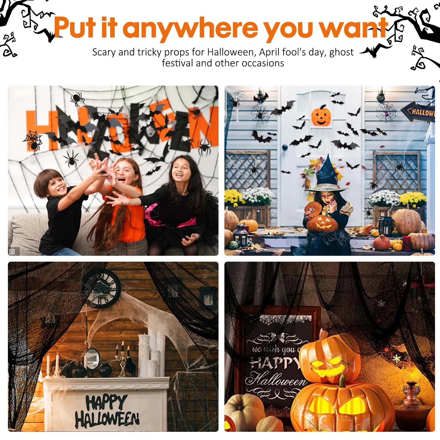 Pack 126 Murciélagos 3D Halloween – Decoración Adhesiva para Paredes